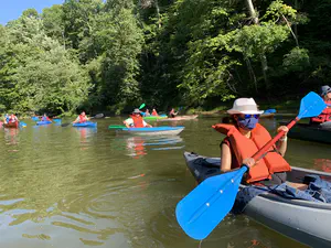 Group kayaking at Wildcat Creek, IN