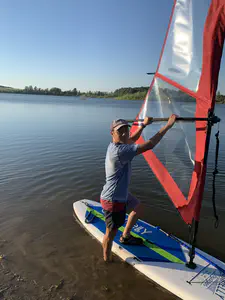 Trying to sail on a Stand-Up Board at Lake Harner, Lafayette. Only know how to sail straight.