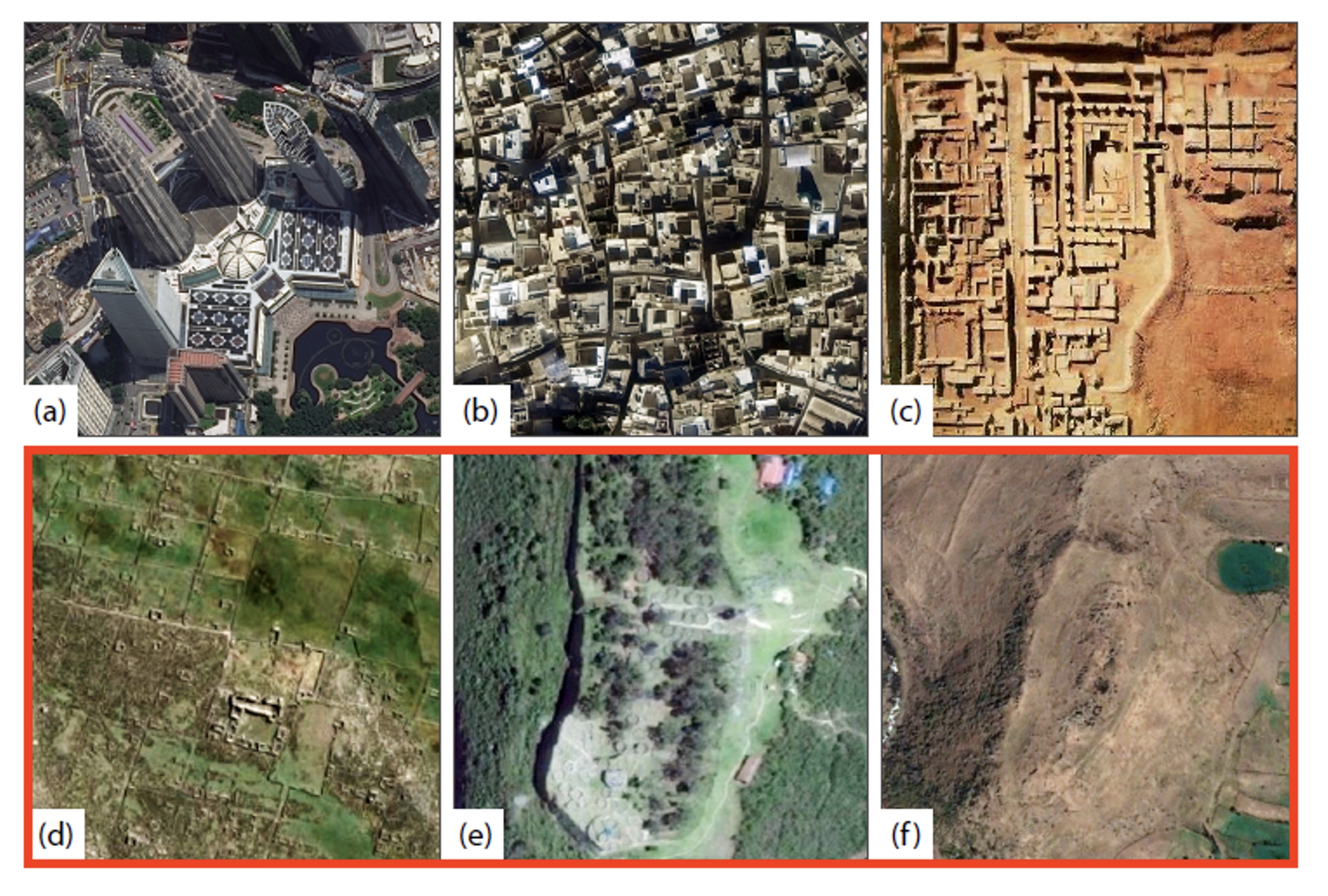 Figure 1: Complex, structured architectural loci, spanning well-preserved (top row) to increasingly sparse archaeological sites (bottom row). The proposed generative modeling will be developed and verified at sites (d-f) in Peru and Armenia. (a) Kuala Lampur; (b) Sousse, Tunisia; (c) Mohenjo Daro, Pakistan; (d) Mawchu Llacta planned town, Peur; (e) Kuelap, Peru, hilltop site; (f) Aparani Berd fortress, Armenia.
