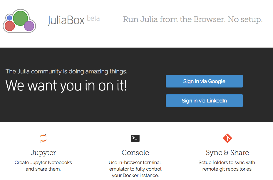 The juliabox home page