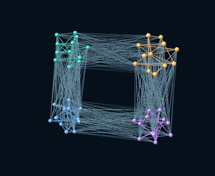 A 3D view rotating around a quantum-like network of colored nodes and connections