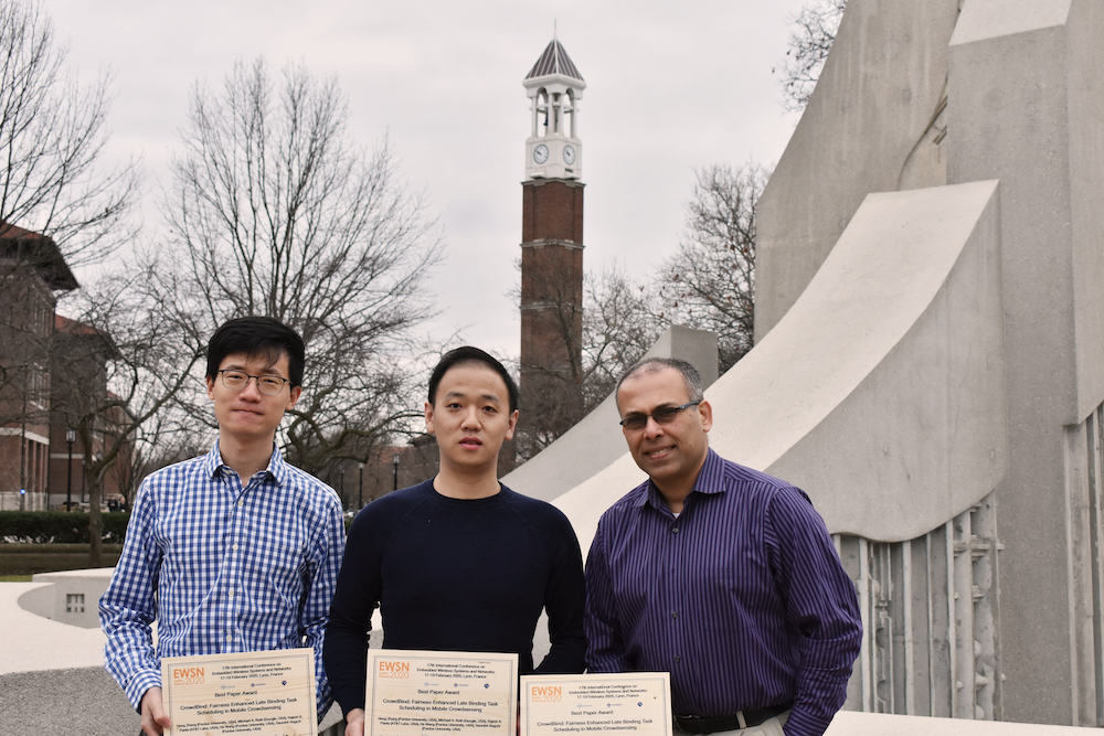 He Wang, assistant professor of computer science,  Heng Zhang, PhD student in electrical and computer engineering, and Saurabh Bagchi, professor of electrical and computer engineering