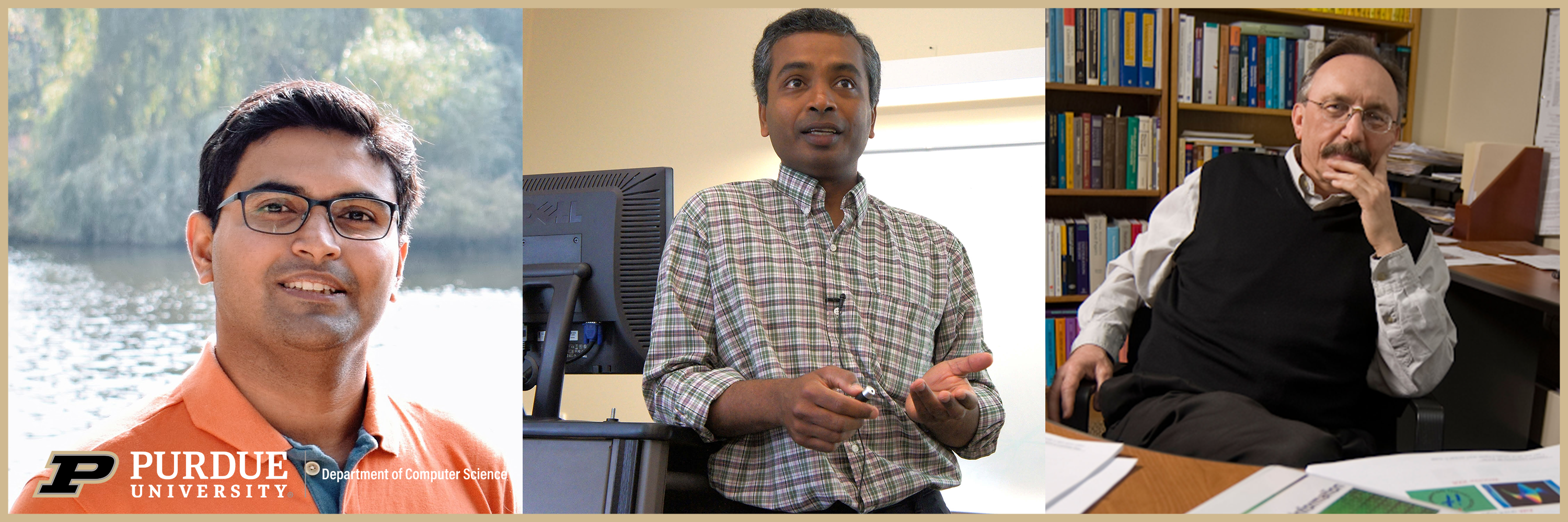 Post doc researcher Jithin Sreedharan with Purdue Computer Science professors Ananth Grama, and Wojtek Szpankowski