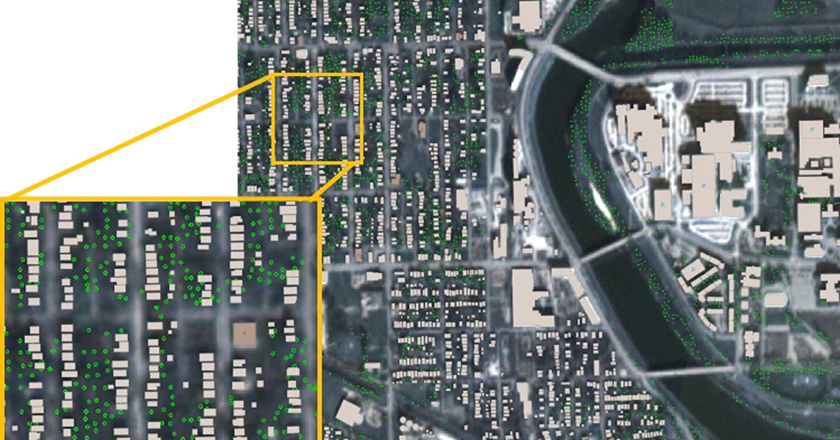 These images were generated by a team at Purdue’s Institute for Digital Forestry to show the locations of individual trees in a neighborhood of Indianapolis, Ind. (Purdue University Institute for Digital Forestry)