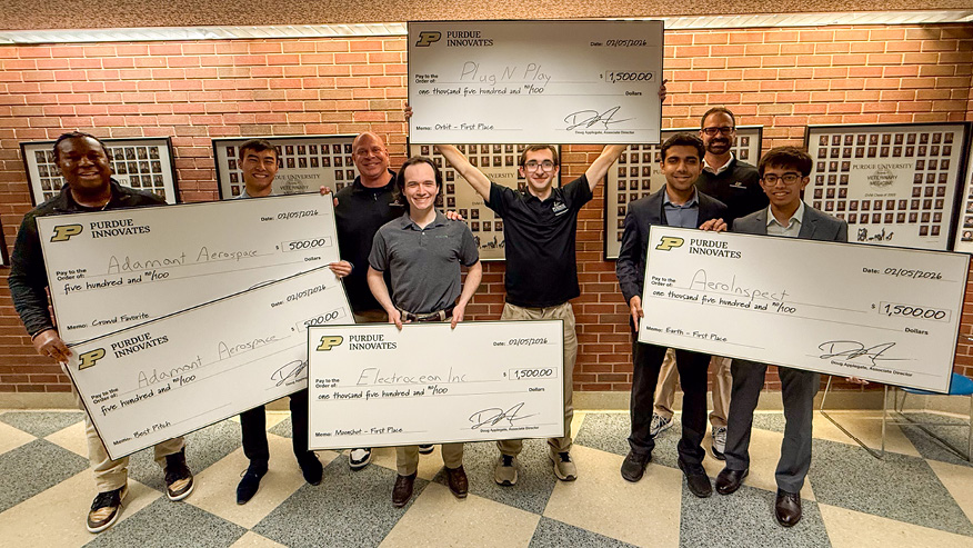 Purdue University students led the Adamant Aerospace, AeroInspect, Electrocean Inc. and PlugNPlay teams during the spring 2026 Moonshot Pitch Challenge program, organized by Purdue Innovates Incubator. The teams won a combined $5,500 for their ideas to address global issues during the event finals. (Purdue Research Foundation photo/Brad Oppenheim)