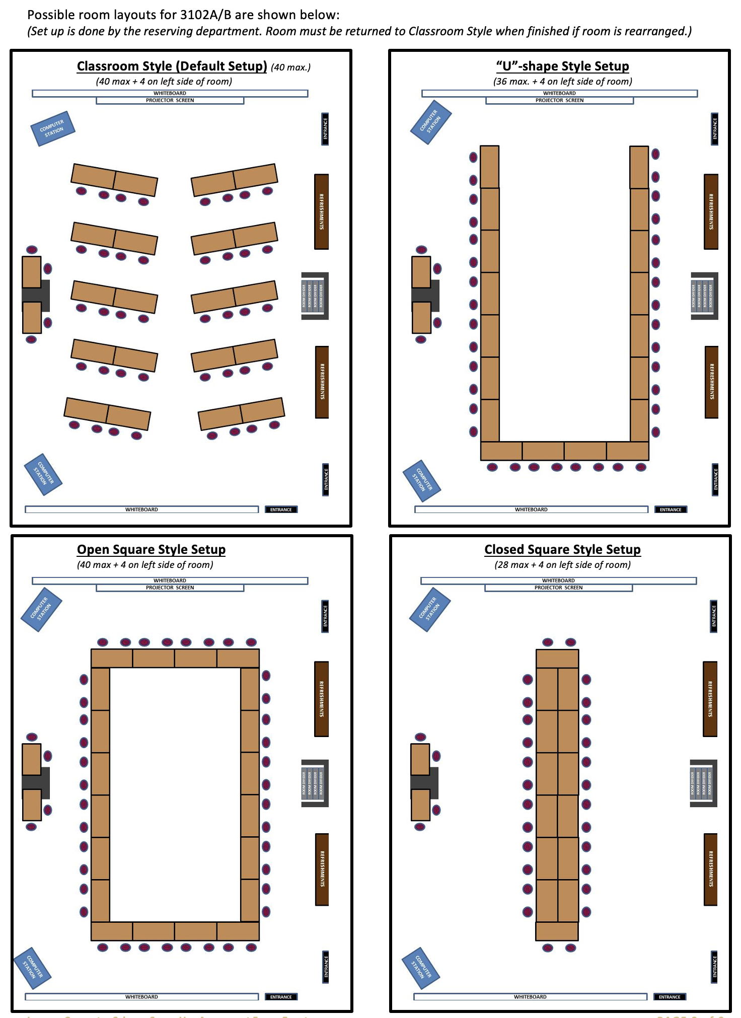 Possible room layouts: classroom style, u-shape, open-square or closed-square.