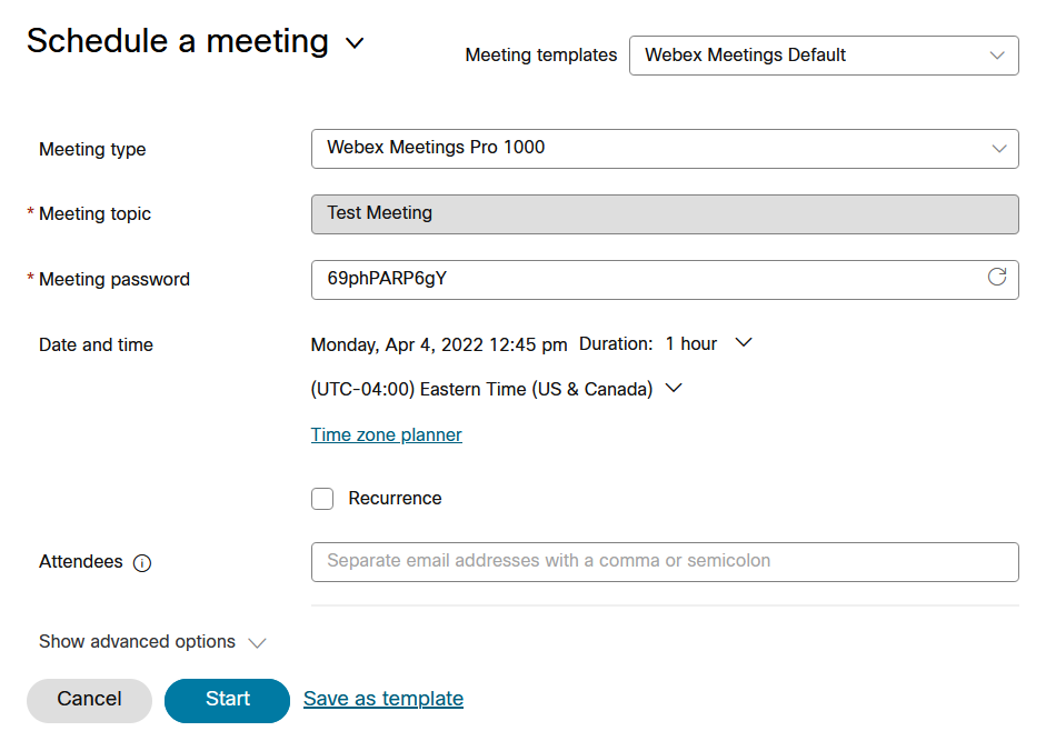 Webex schedule a meeting page