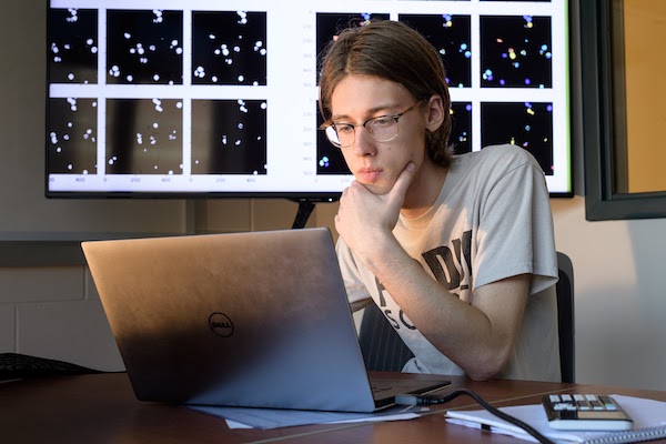 Student doing research with a laptop.